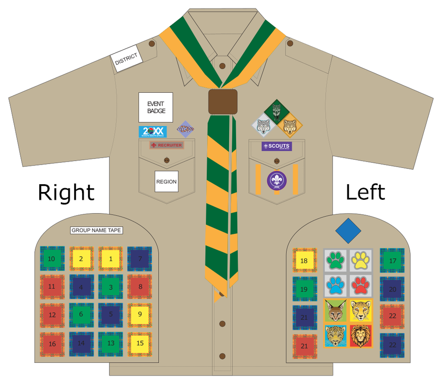 Where do the patches go on Cub Scout uniform?