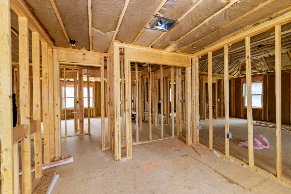 Construction home framing on residential beam framework wooden new house